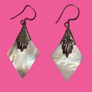 Vintage Mother Of Pearl Sterling Silver Triangle Dangle Drop Earrings Rare